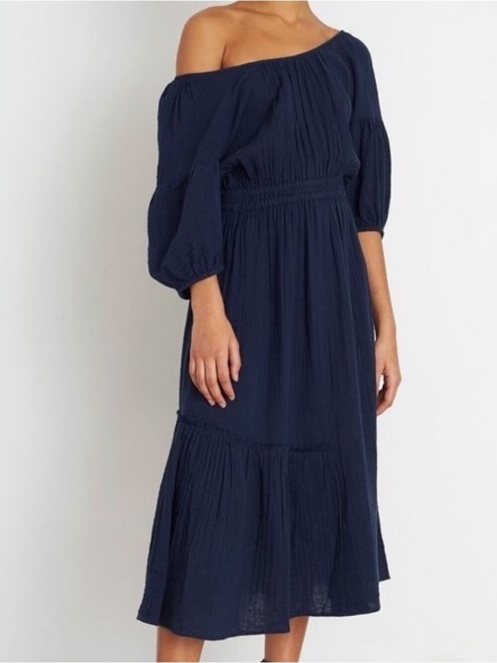 Apiece Apart Camellia One Shoulder Midi Dress 10 Navy Blue Cotton Gauze Summer